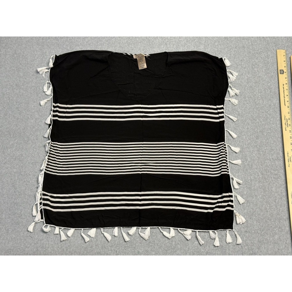 C&T Beach Cover Up Womens‎ Medium Black White Striped Tassel Kaftan Poncho Boho